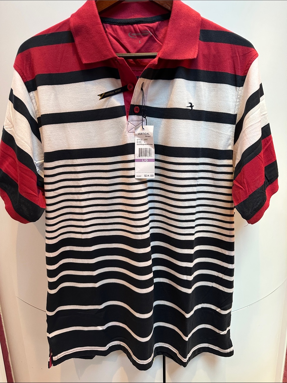 Men's Striped Polo Shirt - Red, Black & White Large new with tag